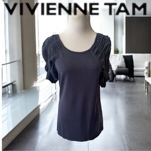 Vivienne Tam Grey Blue Knit Top 
Ruffle Drop Sleeve